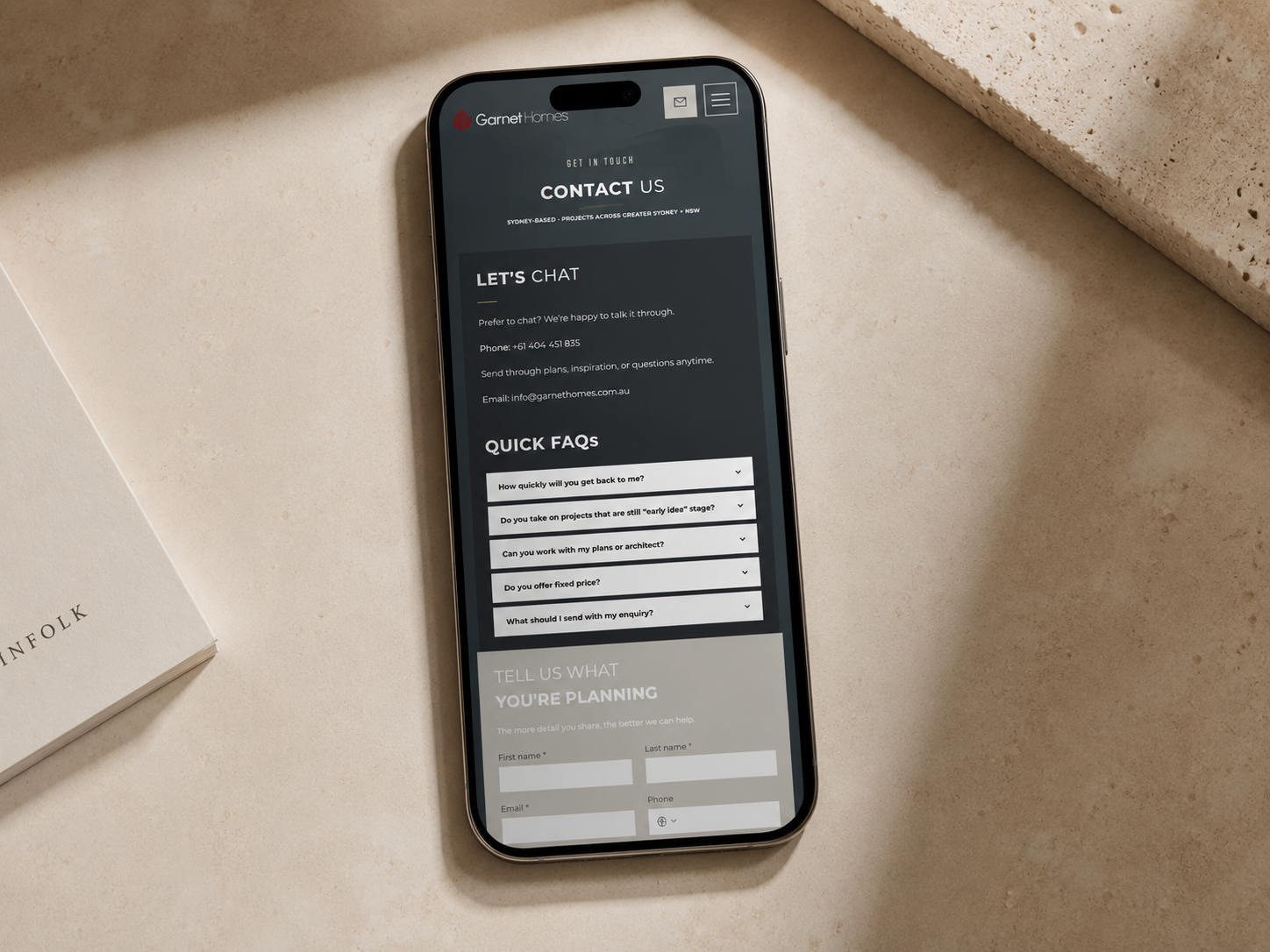 Garnet Homes website on mobile. Awaiting final asset.